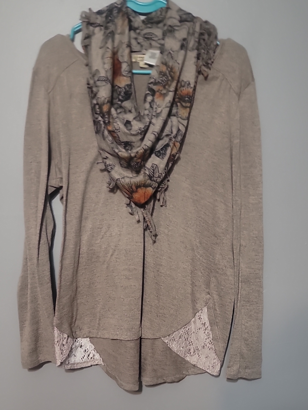 Light Taupe Women's Long-Sleeve Sweater with Lace Trim And Button On Scarf
